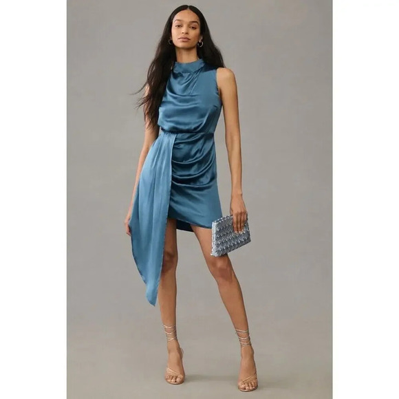 NWD By Anthropologie Mock-Neck Draped Silk Dress Size 8 Slate #GC212 - Picture 1 of 14